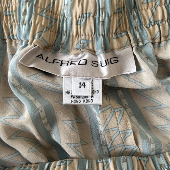 Alfred Sung 100% Silk Cropped Pants Blue Tan and White Strip Tribal Design SZ 14 - Picture 3 of 8